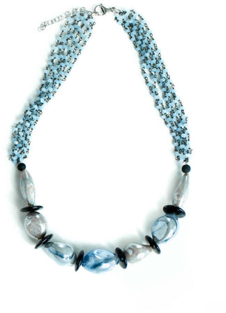 Collana Donna in Vetro Di Murano Azzurro Bijou Fashion Artigianale Made in Italy Collana in Acciaio E Ottone Con Perle Realizzate a Mano 47 Cm