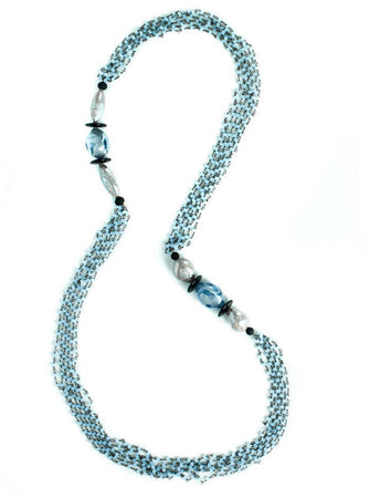 Collana Donna in Vetro Di Murano Azzurro Bijou Fashion Artigianale Made in Italy Collana Multifili in Ottone E Acciaio Con Perle Fatte a Mano 90 Cm