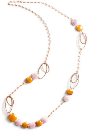 Collana Donna in Vetro Di Murano Rosa Bijou Fashion Artigianale Made in Italy in Ottone Con Perle Realizzate a Mano 98 Cm