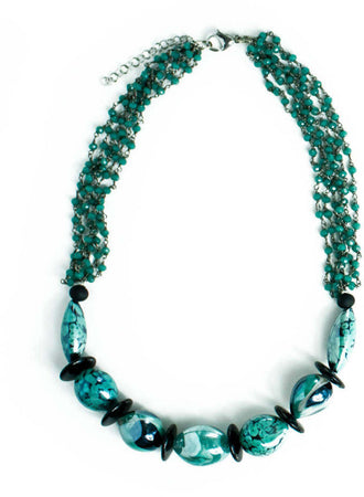 Collana Donna in Vetro Di Murano Verde Bijou Fashion Artigianale Made in Italy Collana Multifili in Ottone E Acciaio Con Perle Fatte a Mano 47 Cm