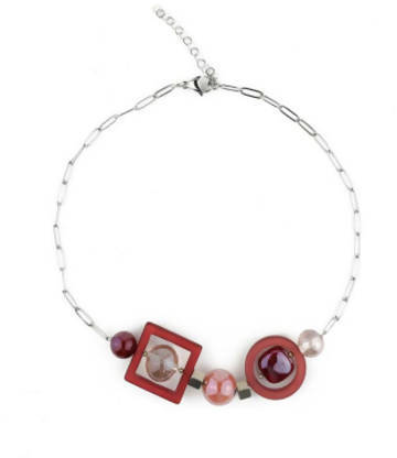 Collana Donna Midi in Vetro Di Murano Rosso Bijou Fashion Artigianale Made in Italy Collana Con Perle Realizzate a Mano Catena E Chiusura Gancetto 44,5 Cm