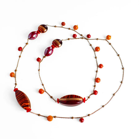 Collana Lunga Donna in Vetro Di Murano Rosso Bijou Fashion Artigianale Made in Italy Collana Lunga in Acciaio E Ottone Con Perle Realizzate a Mano 108 Cm