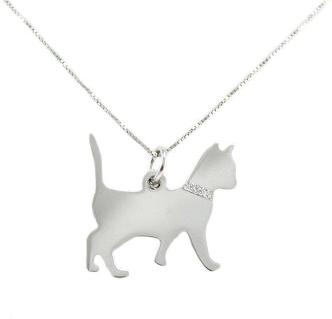 Collanina con pendente gatto coda alzata in argento con collare glitterato