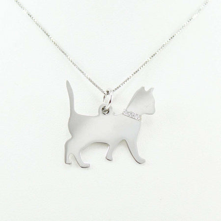 Collanina con pendente gatto coda alzata in argento con collare glitterato