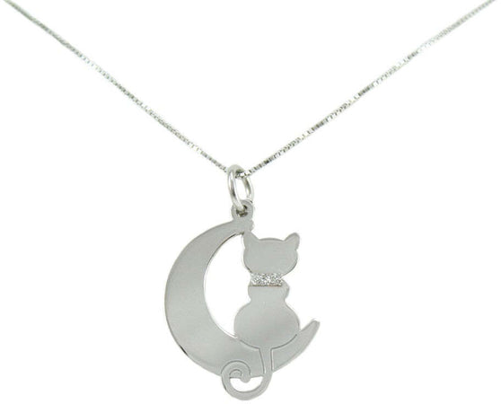 Collanina con pendente gatto sulla luna in argento con collare glitterato