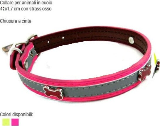 Collare-Per-Cani-Cuccioli-Gatti-Animali-In-Cuoio-42-Cm-Vari-Colori-Strass-Osso
