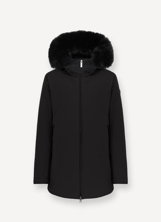 Colmar Piumino donna impermeabile nero con cappuccio e pelliccia sintetica