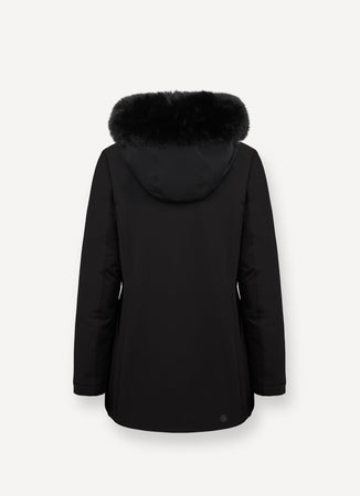 Colmar Piumino donna impermeabile nero con cappuccio e pelliccia sintetica