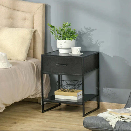 Comodino-Moderno-con-Cassetto-e-Ripiano-Aperto-per-Camera-da-Letto-e-Soggiorno,-in-Truciolato-e-Acciaio,-45x40x60cm,-Nero-TG7831-535V01BKTG7