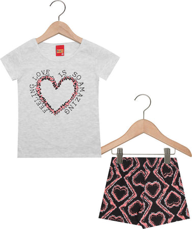 Completino Estivo Bimba Grigio Rosa Cuori Completo Tuta Coordinato Estate T-Shirt Mezze Maniche Stampa e Pantaloni Corti 100% Pantalone COMPLETINO Piccole Canaglie - Tropea, Commerciovirtuoso.it