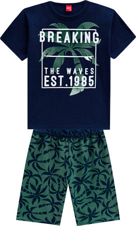 Completo Estivo Tuta Bambino Blu Verde Stampato Completino T-Shirt e Pantaloni Coordinato Estate Maglietta Girocollo 100%Cotone Pantaloncini con Elastico COMPLETINO Piccole Canaglie - Tropea, Commerciovirtuoso.it