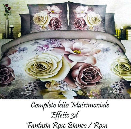 Completo-Letto-3d-Lenzuola-Matrimoniale-Sotto-Sopra-Copricuscini-Rose-Colorate