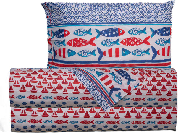 Completo-letto-lenzuola-100%-cotone-made-in-italy-PESCI-MULTICOLOR