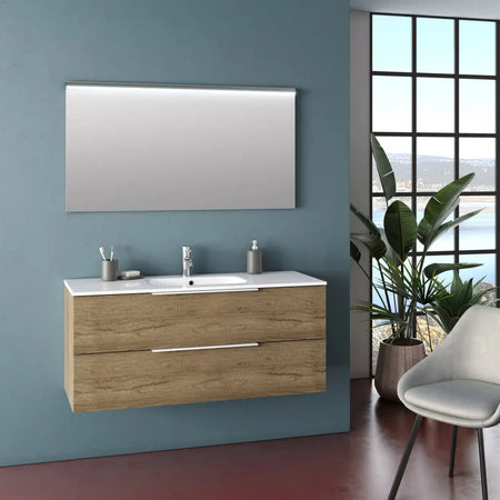 Composizione Bagno 120cm Sospesa Con Due Cassetti E Specchio Con Led Integrato Rovere Miele