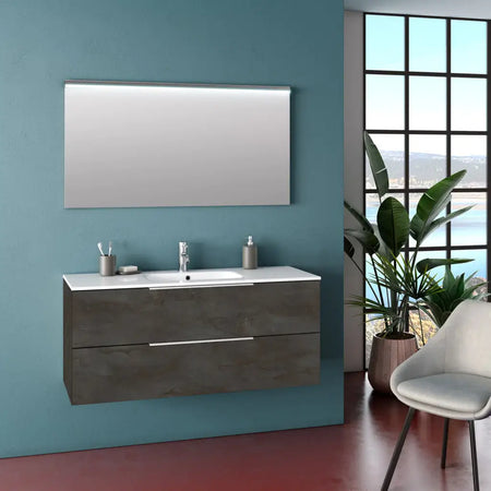 Composizione Bagno 120cm Sospesa Con Due Cassetti E Specchio Con Led Integrato Ossido