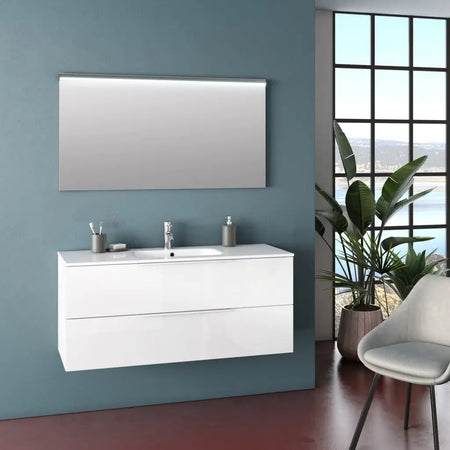 Composizione Bagno 120cm Sospesa Con Due Cassetti E Specchio Con Led Integrato Bianco Laccato Lucido