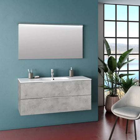 Composizione Bagno 120cm Sospesa Con Due Cassetti E Specchio Con Led Integrato Cemento
