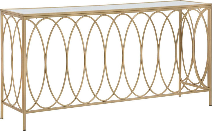 Console-struttura-in-metallo-color-oro-e-crema-ripiano-in-vetro-per-interni