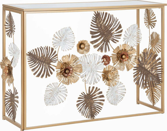 Console-struttura-in-metallo-con-fiori-decorativi-ripiano-in-vetro-per-interni
