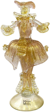 Coppia Damine Goldoniane in Vetro Di Murano 100% Artigianale 2x Sculture Rosa E Oro in Cristallo Venezia Con Polvere D'oro Fatte a Mano Made in Italy