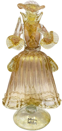 Coppia Damine Goldoniane in Vetro Di Murano 100% Artigianale 2x Sculture Rosa E Oro in Cristallo Venezia Con Polvere D'oro Fatte a Mano Made in Italy