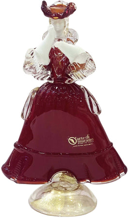 Coppia Damine Goldoniane in Vetro Di Murano 100% Fatto a Mano 23cm Artigianale Scultura in Vetro Rosso Venezia Con Polvere D'oro Made in Italy