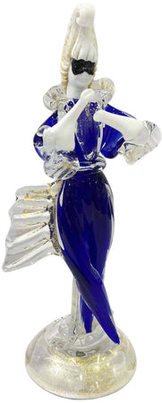 Coppia Damine Goldoniane in Vetro Di Murano 100% Made in Italy Statue Blu Maschere Carnevale Venezia Con Polvere D'oro Prodotto Fatto a Mano