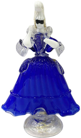 Coppia Damine Goldoniane in Vetro Di Murano 100% Made in Italy Statue Blu Maschere Carnevale Venezia Con Polvere D'oro Prodotto Fatto a Mano