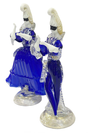 Coppia Damine Goldoniane in Vetro Di Murano 100% Made in Italy Statue Blu Maschere Carnevale Venezia Con Polvere D'oro Prodotto Fatto a Mano