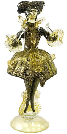 Coppia Damine Goldoniane in Vetro Di Murano 100% Nere E Oro 2x Sculture in Cristallo Tipiche Venezia Made in Italy Con Polvere D'oro Fatte a Mano