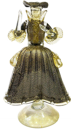 Coppia Damine Goldoniane in Vetro Di Murano 100% Nere E Oro 2x Sculture in Cristallo Tipiche Venezia Made in Italy Con Polvere D'oro Fatte a Mano