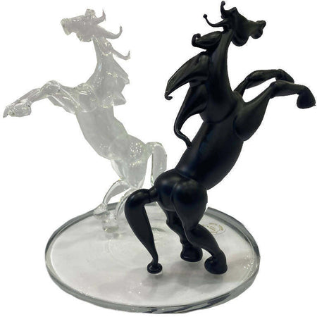 Coppia Di Cavalli Su Base in Vetro Di Murano Nero E Trasparente 18 Cm Prodotto Realizzato a Mano 100% Vetro Di Venezia