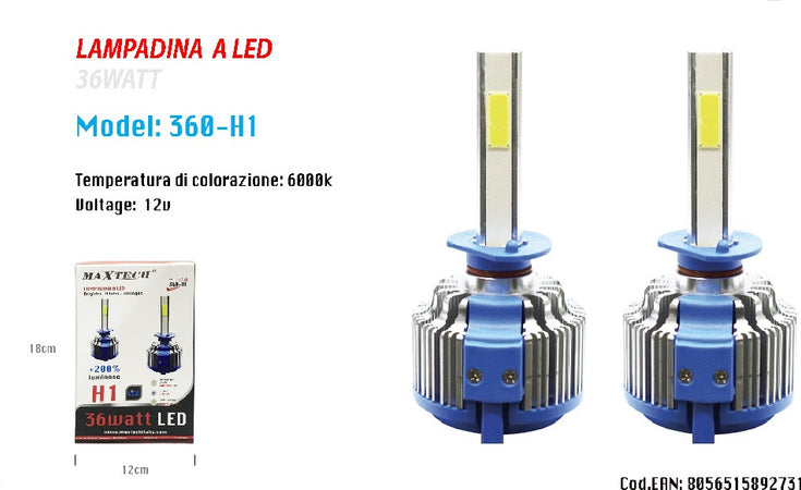 Coppia Lampade Led Auto Fari H1 Moto Kit Lampadine 36w 6000k Faro Maxtech 360-h1 Auto e Moto/Parti per auto/Luci lampadine e indicatori/Lampadine/Lampadine per esterno Trade Shop italia - Napoli, Commerciovirtuoso.it
