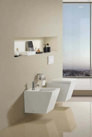 Coppia Sanitari Design Squadrato Sospesi / A Terra Filo Muro WC+ Bidet Bianchi Design Moderno Commercio Industria e Scienza/Forniture sanitarie e igieniche/Accessori e sanitari bagno/WC commerciali/Toilette a due pezzi Shopbagno.it - Roma, Commerciovirtuoso.it