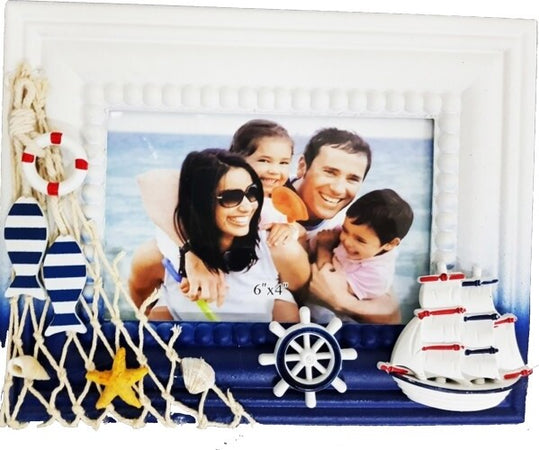Cornice-Rete-Portafoto-Timone-Mare-Blu-Bianco-Fotografie-Decorazione-Casa-Uffici