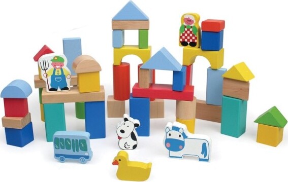 Costruzioni-In-Legno-50pz-Blocchi-Mattoncini-Costruzione-Bambini-Con-Contenitore