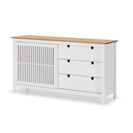 Credenza Bruna con 1 anta scorrevole e 3 cassetti in legno massiccio colore bianco e top pino