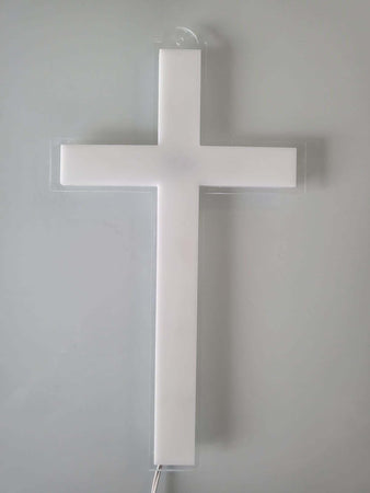 CROCE RIFLESSO IN PLEXIGLASS TRASPARENTE E BIANCO LUCE LED E BATTERIE