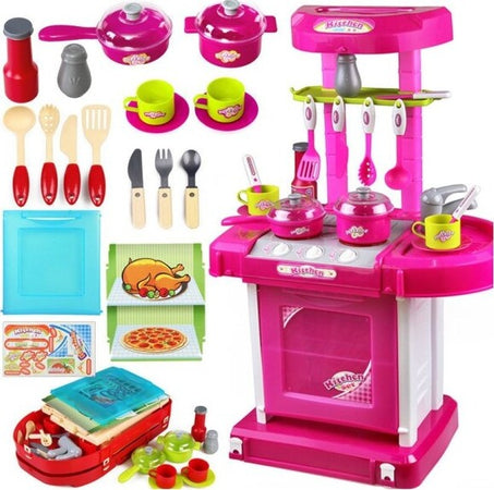 Cucina-Giocattolo-Bambini-Richiudibile-In-Trolley-Fornello-Luci-Suoni-Accessori-Azzurro