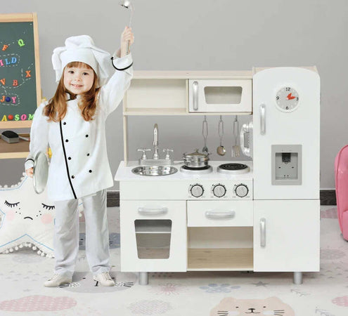 Cucina-Giocattolo-in-Legno-per-Bambini-con-Lavandino-e-Fornelli,-Pentole-e-Utensili-in-Acciaio,-74x30x81cm,-Bianco-ME7350-082ME7