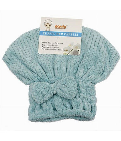 Cuffia Asciuga Capelli Asciugamano Doccia Morbido Assorbente Fiocco Azzurro 79628