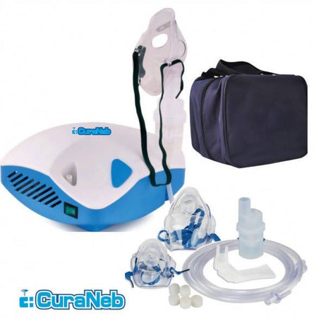 Curaneb aerosol a pistone portatile per bambini ed adulti - potente e silenzioso - completo di borsa per il trasporto ed accessori - tipo Nebula Curafarma