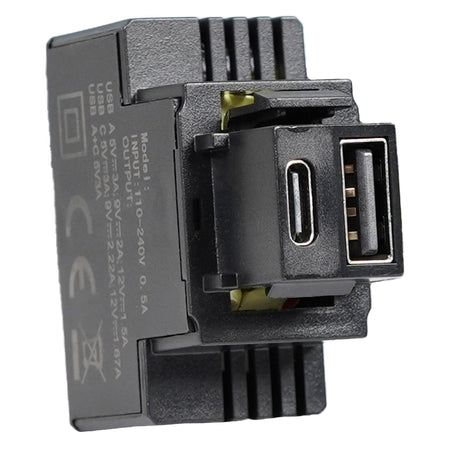 Alimentatore Compatto da Incasso Keystone USB-A e USB-C 20W 5-12V Nero
