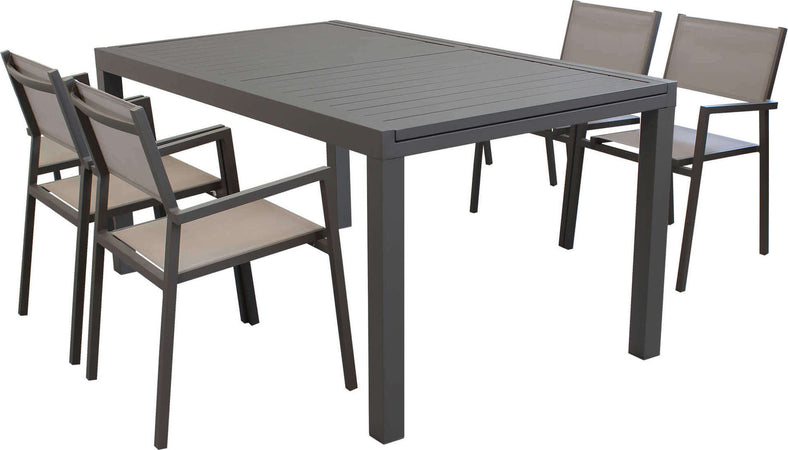 DEXTER---set-tavolo-160/240x90-struttura-e-piano-in-alluminio-compreso-di-4-sedute-Taupe-Milani-Home