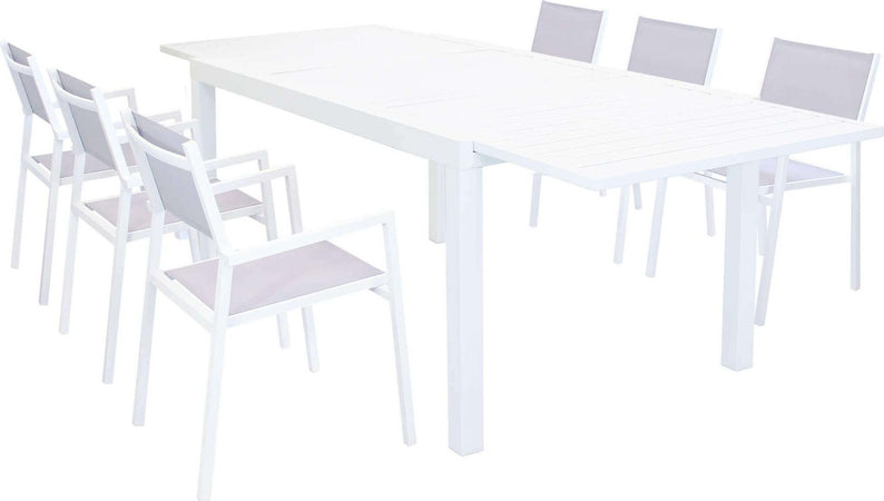 DEXTER---set-tavolo-160/240x90-struttura-e-piano-in-alluminio-compreso-di-6-sedute-Bianco-Milani-Home