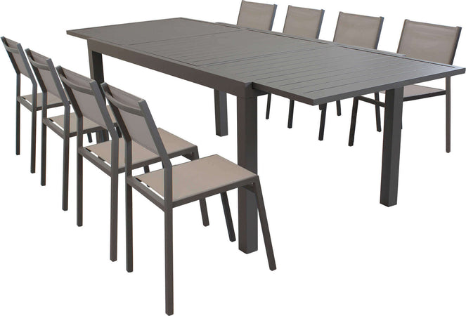 DEXTER---set-tavolo-giardino-rettangolare-allungabile-160/240x90-con-8-sedie-in-alluminio-e-textilene-taupe-da-esterno-Taupe-Milani-Home