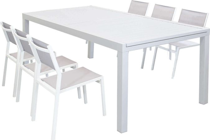 DEXTER---set-tavolo-giardino-rettangolare-allungabile-200/300x100-con-6-sedie-in-alluminio-bianco-e-textilene-da-esterno-Bianco-Milani-Home