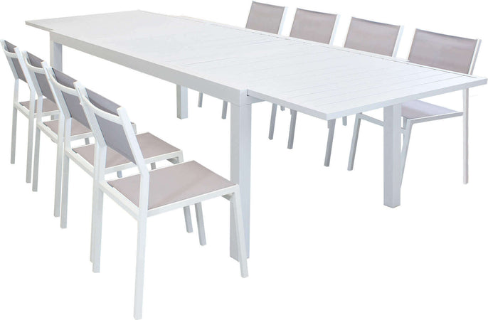DEXTER---set-tavolo-giardino-rettangolare-allungabile-200/300x100-con-8-sedie-in-alluminio-bianco-e-textilene-da-esterno-Bianco-Milani-Home