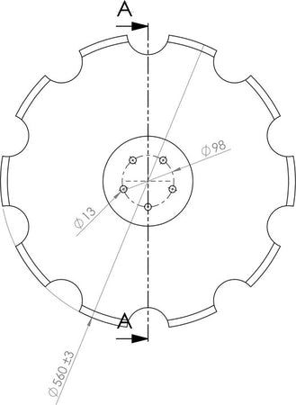Disco frangizolle dentato Ø 560mm sp. 6mm con 5 fori satellite Confezione da 1pz