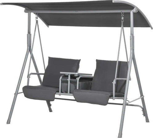 Dondolo-2-Posti-con-Tavolino-e-Portabicchieri,-in-Metallo-e-Poliestere,-175x110x165-cm,-Grigio-84A-057V01GY